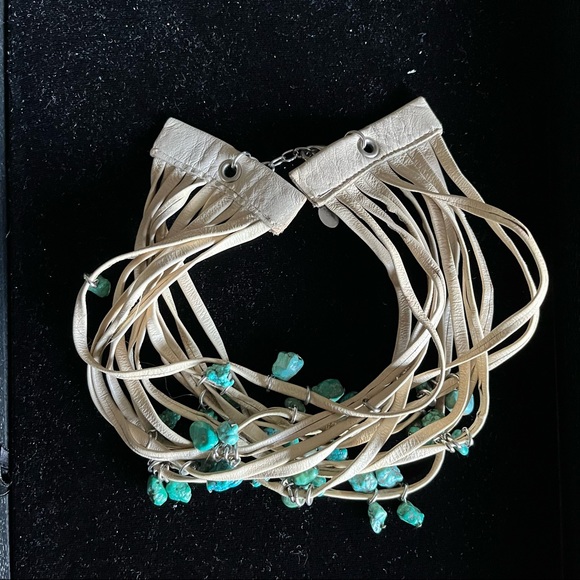 Y2K vintage Leather And Beaded Turquoise Adjustable Choker Necklace - Picture 5 of 6